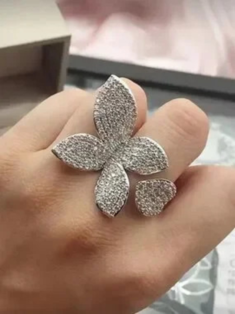 Silver Pave Four-Petal Floral Statement Ring